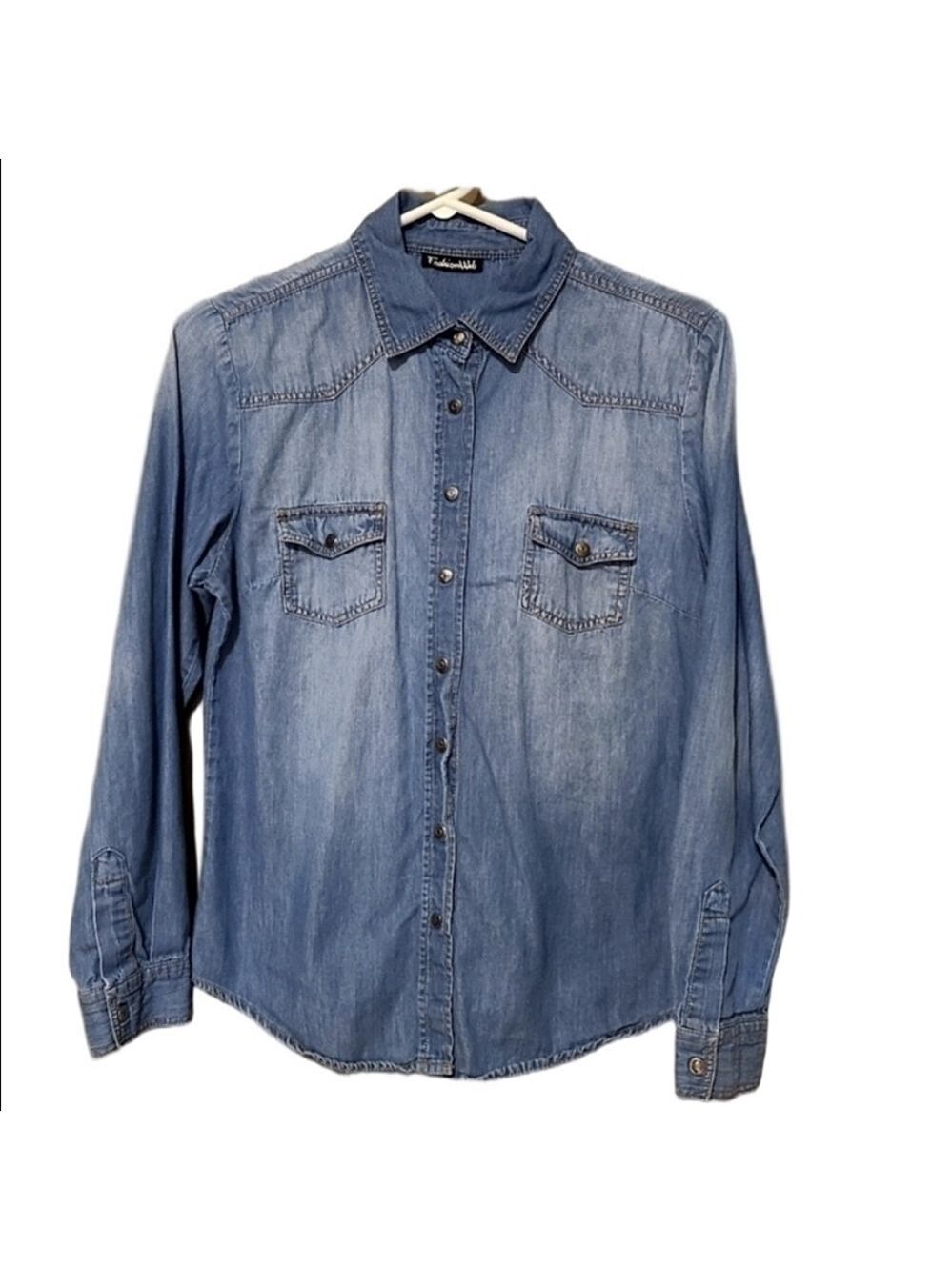 Fashion Web Medium Wash Denim Western Pearl Snap Shirt Faded Blue Chambray Top - Picture 2 of 9